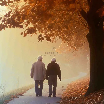 父母年长老人重阳节温馨落日背影