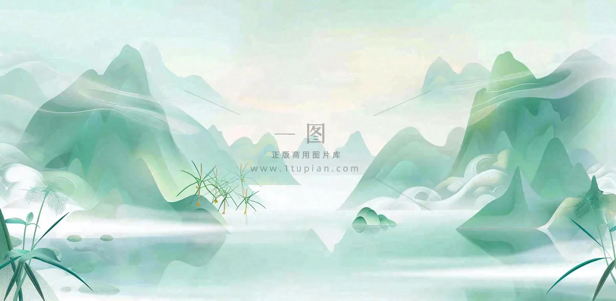中国风插画山水竹叶青色插画清新淡雅端午节插画背景