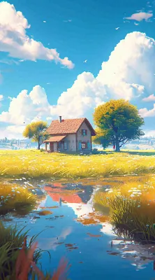 蓝天草坪上小屋房子在河流旁，河面倒影