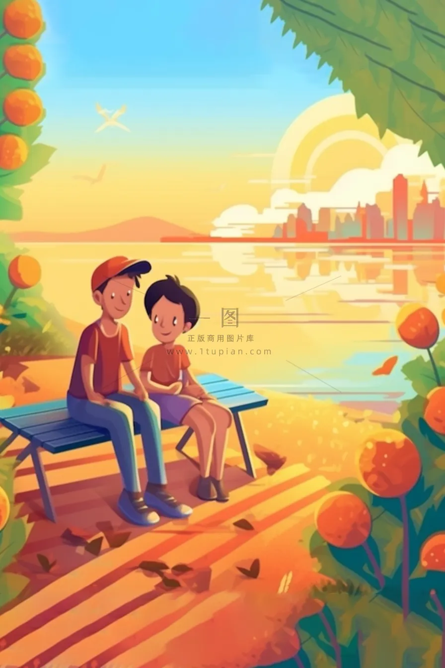 夕阳儿童朋友西瓜玩耍插画背景