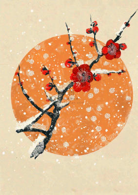 冬天梅花红圆形背景纸张纹理古风国风节日小年插画背景