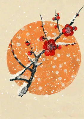冬天梅花红圆形背景纸张纹理古风国风节日小年插画背景 冬天梅花红圆形背景纸张纹理古风国风节日小年插画背景