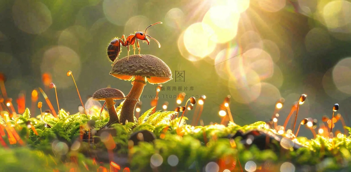 阳光下的蚂蚁蘑菇菌类阳光春天惊蛰春分摄影图