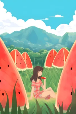 蓝天白云吃西瓜的女孩山草地插画背景