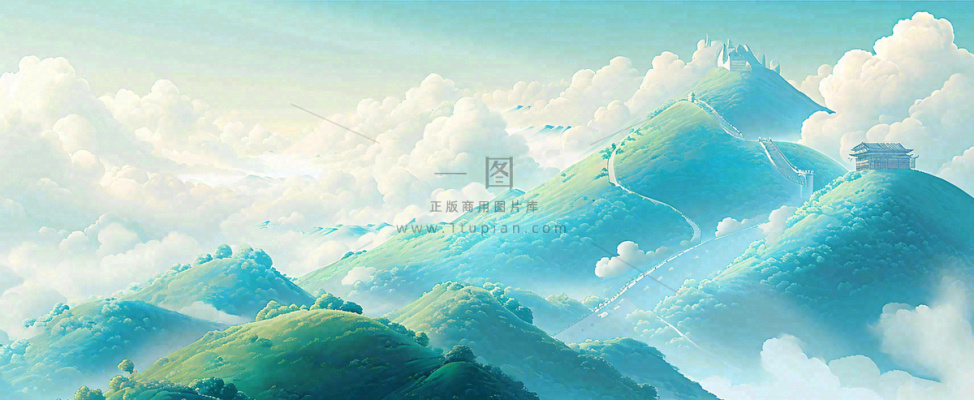 崇山峻岭高山白云中国风插画长城风景 崇山峻岭高山白云中国风插画长城风景