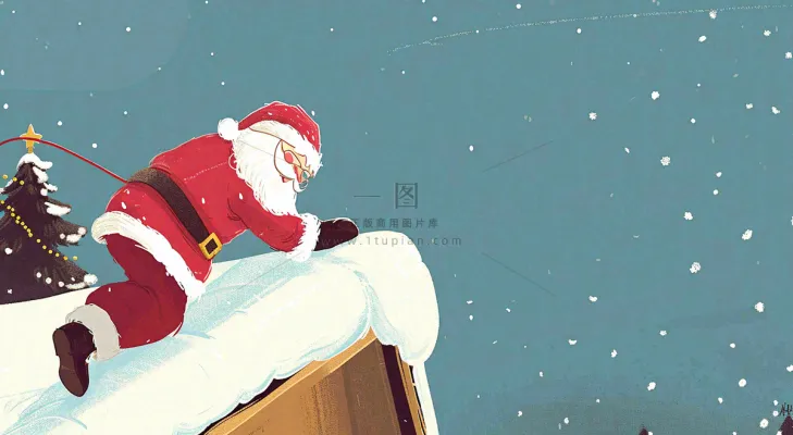 冬天圣诞老人屋顶带礼物,雪花雪屋,圣诞节卡通扁平插画 冬天圣诞老人屋顶带礼物,雪花雪屋,圣诞节卡通扁平插画
