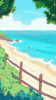 海边沙滩玩耍旅行夏日假期游玩手绘插画，可爱清新，夏至小暑大暑