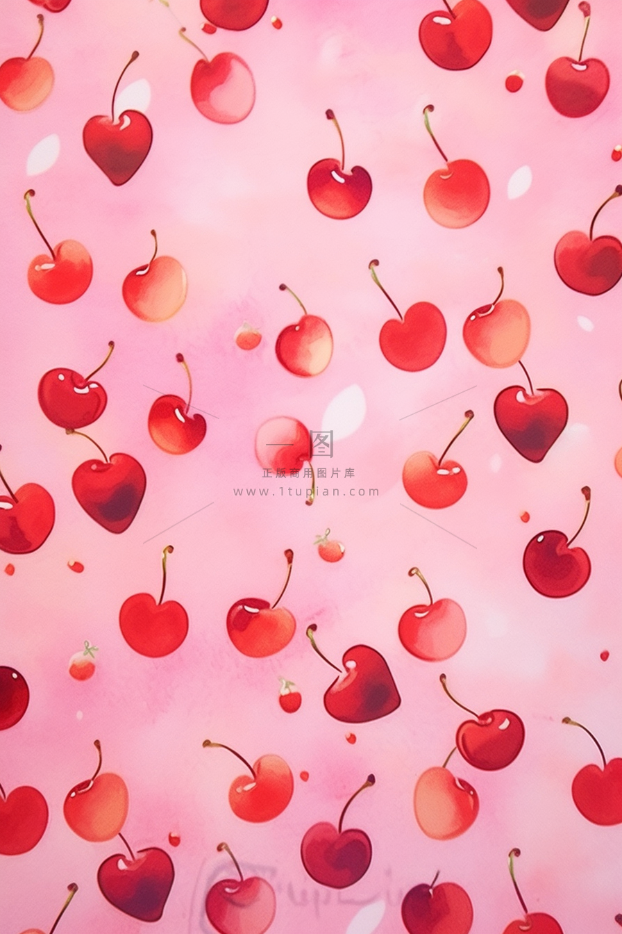 红色樱桃爱心樱桃车厘子可爱粉色插画壁纸