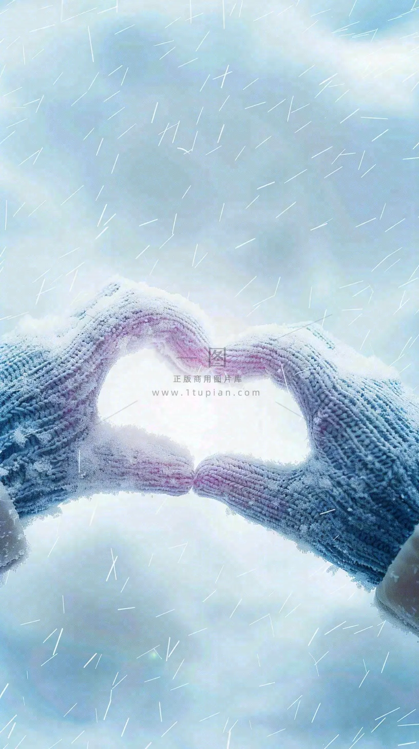 冬季寒冷雪地玩雪手套爱心手势大雪小雪小寒浪漫情人节摄影图背景