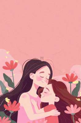母亲节妈妈亲情抱着孩子鲜花光辉插画背景 母亲节妈妈亲情抱着孩子鲜花光辉插画背景