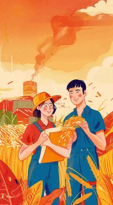 红色插画土地收成粮食农民辛勤劳作劳动节卡通插画背景