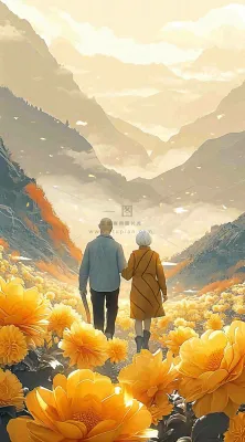 老人相伴到老，菊花黄色花朵，落日山脉