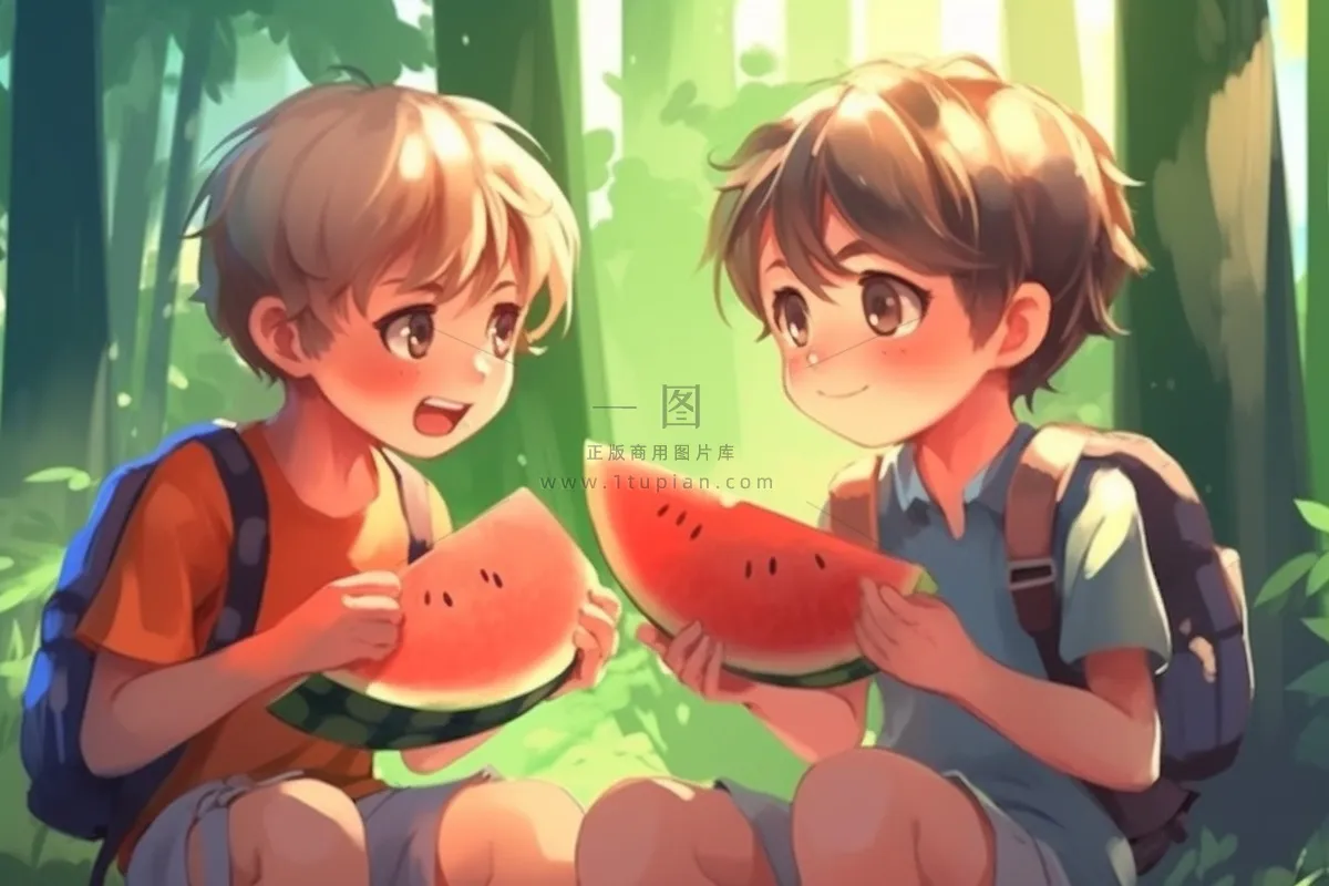 夏日卡通插画儿童吃西瓜动漫风背景