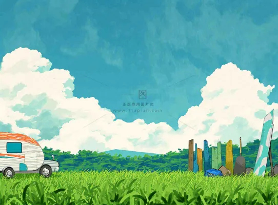 春天夏日清新草坪房车旅行露营玩耍手绘插画 春天夏日清新草坪房车旅行露营玩耍手绘插画