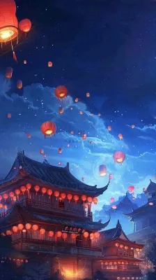 夜晚点灯孔明灯祈福中元节寒衣节插画背景 夜晚点灯孔明灯祈福中元节寒衣节插画背景
