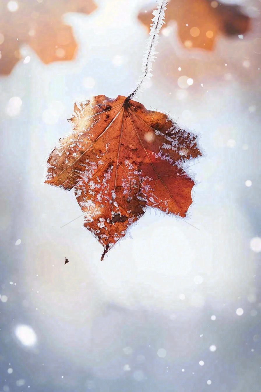 结满白霜雪花的树叶霜降摄影图