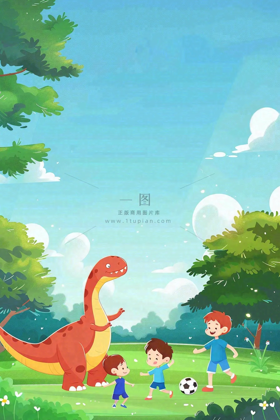 儿童和恐龙一起踢球玩耍创意童话儿童节卡通插画背景