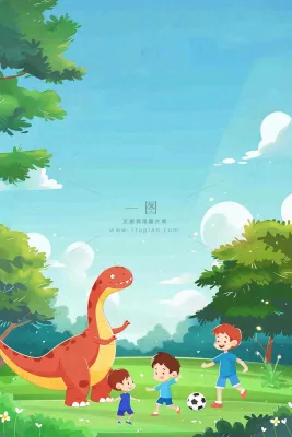 儿童和恐龙一起踢球玩耍创意童话儿童节卡通插画背景 儿童和恐龙一起踢球玩耍创意童话儿童节卡通插画背景