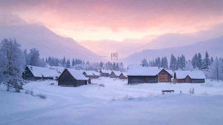 雪山下的村庄晚霞风景雪景摄影图