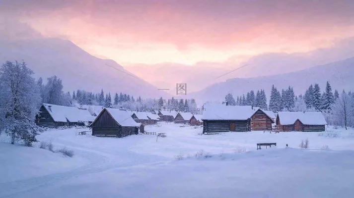雪山下的村庄晚霞风景雪景摄影图