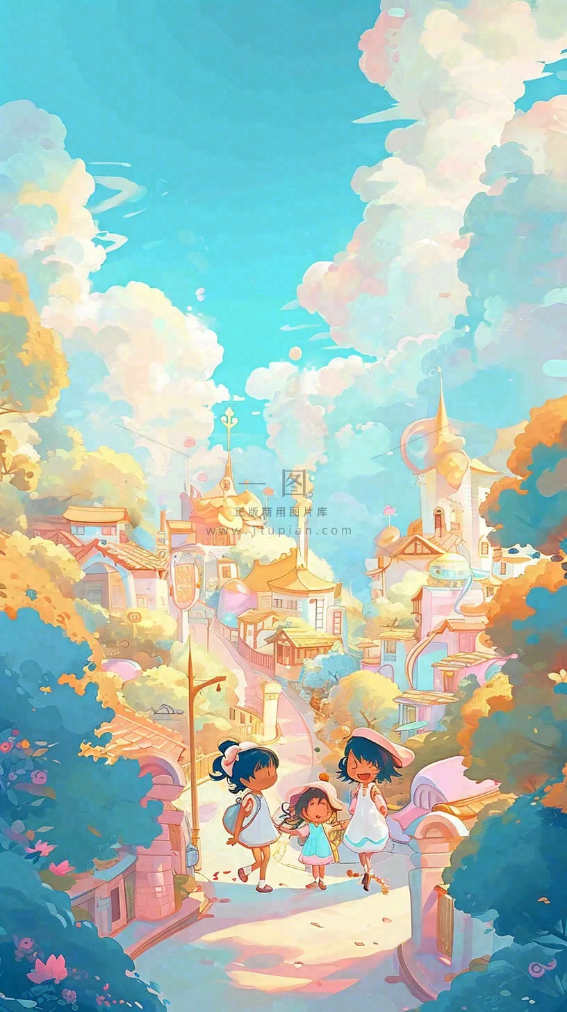 清新蓝天白云儿童路边行走手绘插画,花丛草地植物