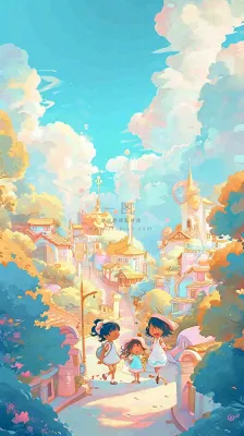 清新蓝天白云儿童路边行走手绘插画,花丛草地植物 清新蓝天白云儿童路边行走手绘插画,花丛草地植物