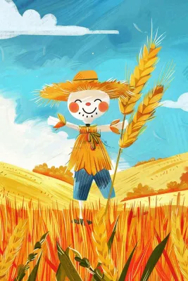 农场农田里的稻草人小麦麦穗秋收粮食芒种立秋秋分卡通插画背景