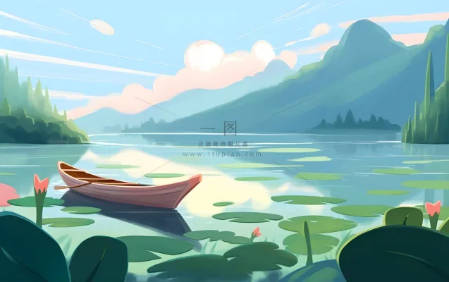 湖中泛舟山森林绿叶花风景插画海报素材背景