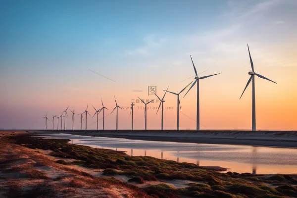 海边日落风车风景摄影图 