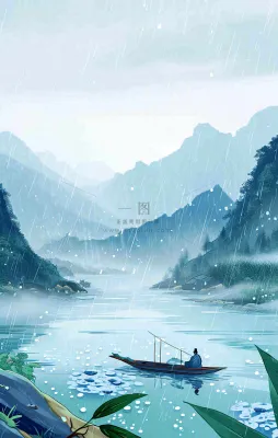 春天雨天湖面山脉小船植物花朵，雨水谷雨