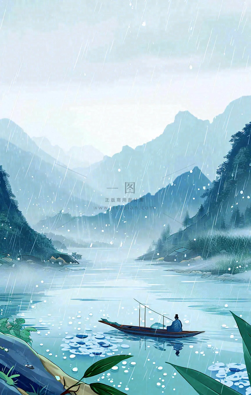 春天雨天湖面山脉小船植物花朵,雨水谷雨