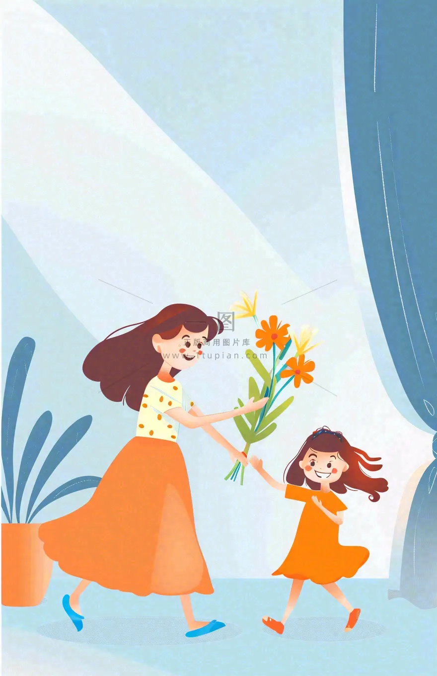 母亲节给妈妈送花的孩子亲情温馨插画背景