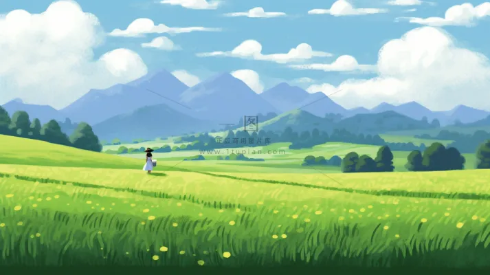 春天山林草原蓝天白云花丛摄影图