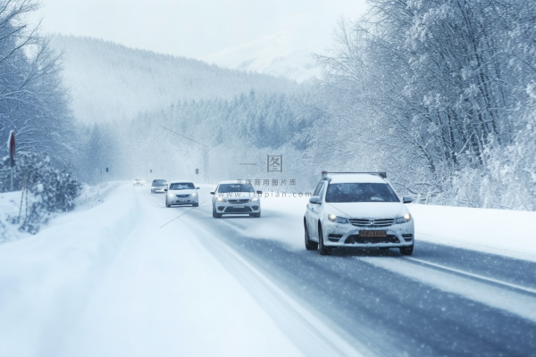 下雪天道路行驶的汽车大雪摄影图