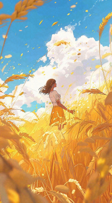 秋天金色麦田女孩蓝天秋收立秋秋分处暑芒种插画背景