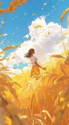 秋天金色麦田女孩蓝天秋收立秋秋分处暑芒种插画背景 秋天金色麦田女孩蓝天秋收立秋秋分处暑芒种插画背景