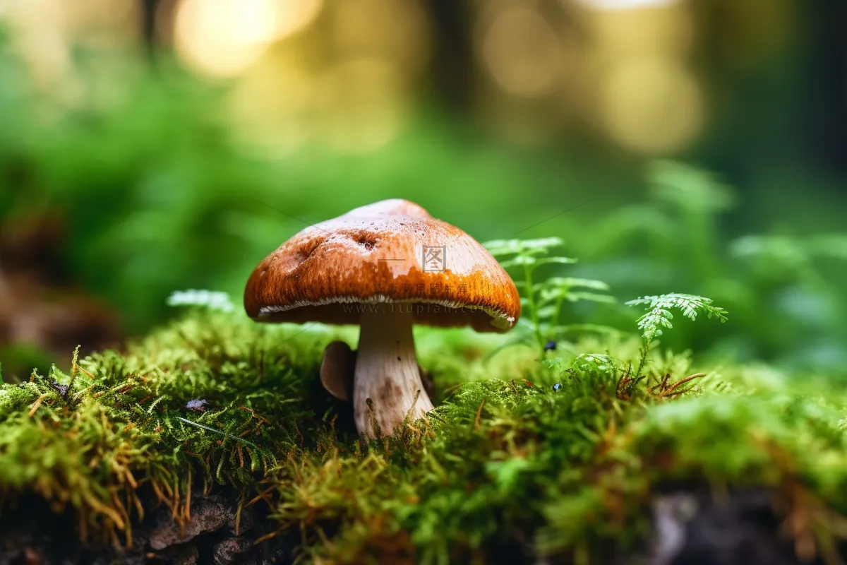 生长在苔藓的蘑菇摄影图