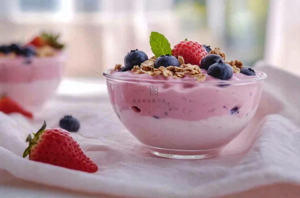 水果燕麦酸奶草莓蓝莓食物饮品摄影图