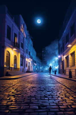 夜晚街区街道路灯月亮摄影图