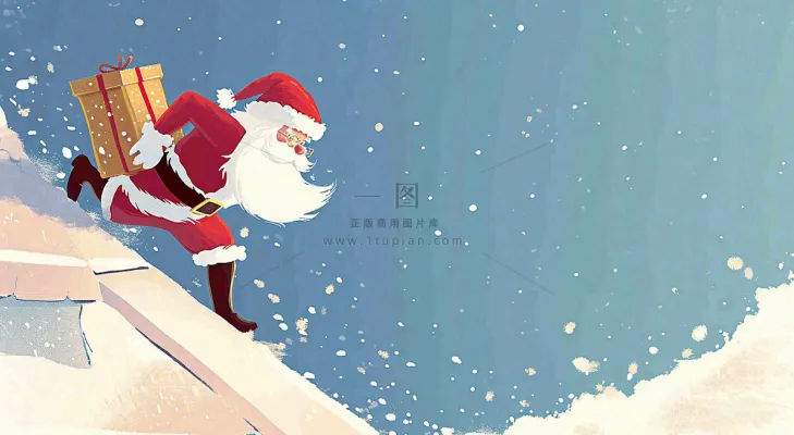 冬天圣诞老人屋顶带礼物,雪花雪屋,圣诞节卡通扁平插画 冬天圣诞老人屋顶带礼物,雪花雪屋,圣诞节卡通扁平插画