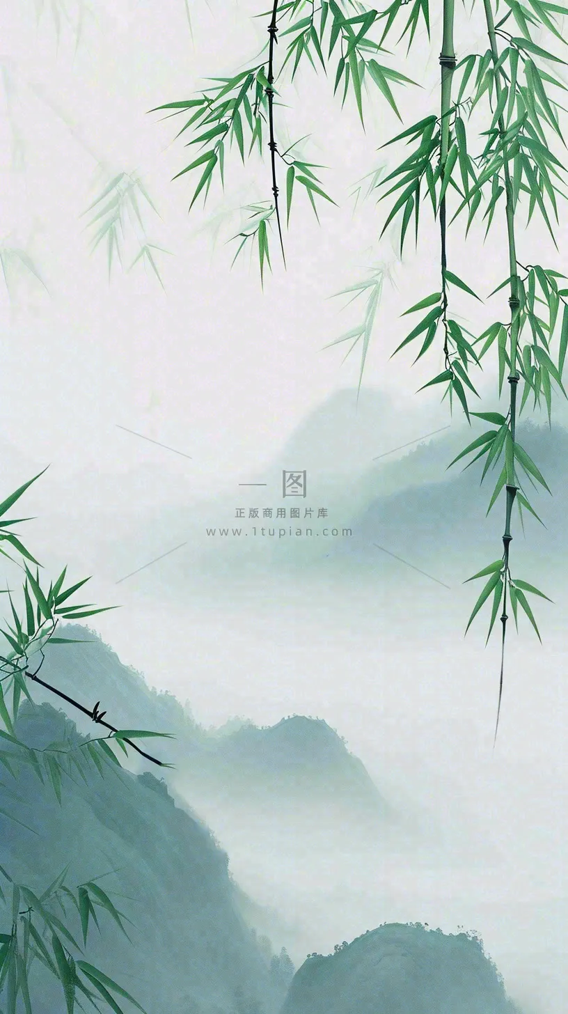 中国风云雾山脉意境竹叶山雾画插画