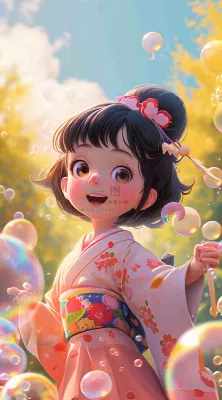 春天夏天女孩草地玩耍，阳光白云气泡可爱插画