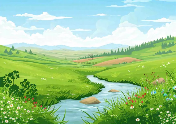春日旅行草坪草丛花朵河流小溪野外郊游插画,春分 春日旅行草坪草丛花朵河流小溪野外郊游插画,春分