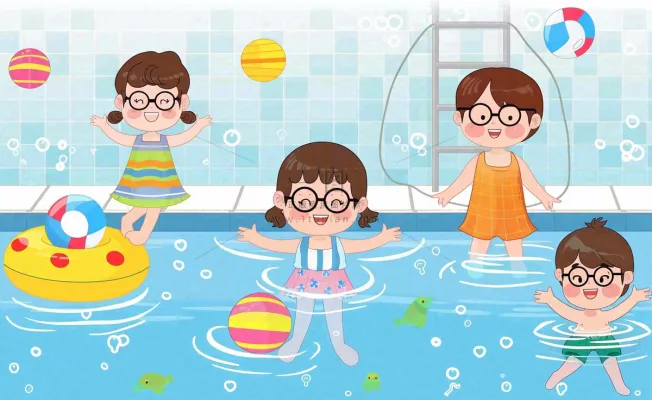 蓝色儿童夏天游泳池插画卡通夏日立夏夏至大暑小暑游泳插画背景 蓝色儿童夏天游泳池插画卡通夏日立夏夏至大暑小暑游泳插画背景