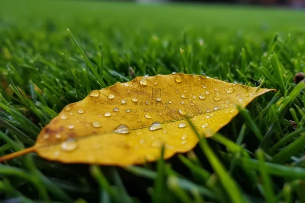 清晨草地上的黄叶落叶的露珠摄影图