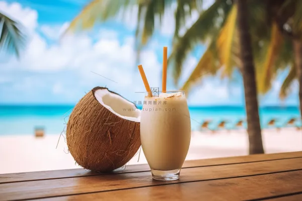 夏日沙滩椰子奶茶海边悠闲度假摄影图 