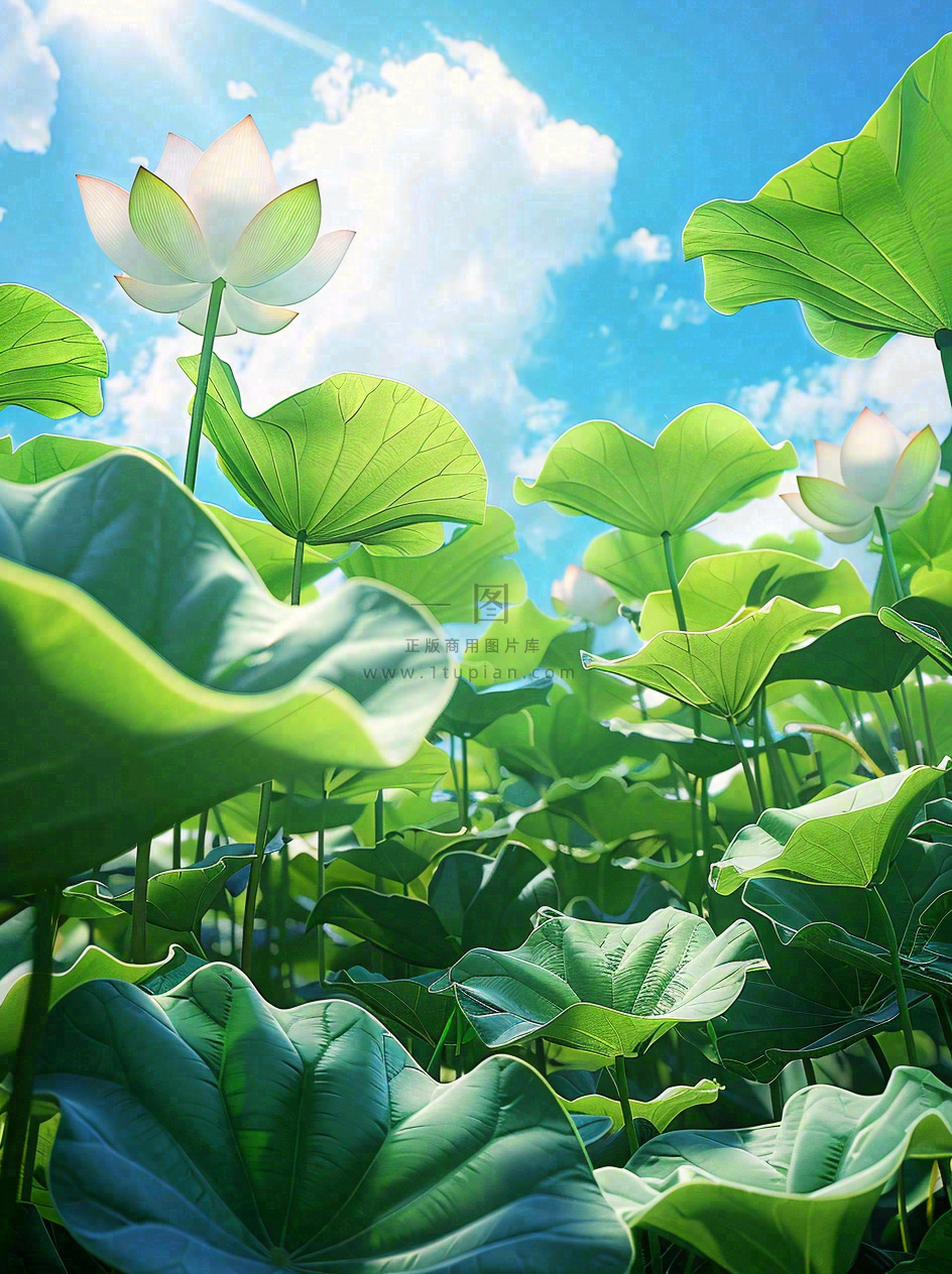夏日荷花荷叶池塘绿叶下蓝天白云立夏大暑小暑摄影图