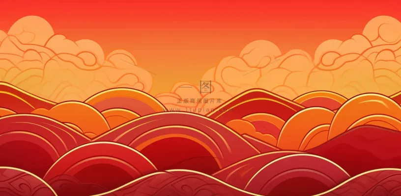 大红色复古简约古风海浪纹边角框金复古底纹背景