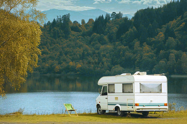 野外露营湖边停着一辆房车，野餐，春游摄影图