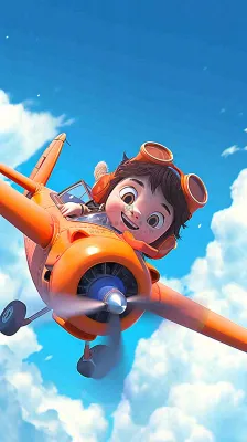 卡通少年男孩飞行飞机玩耍,可爱儿童节,天空白云 卡通少年男孩飞行飞机玩耍,可爱儿童节,天空白云